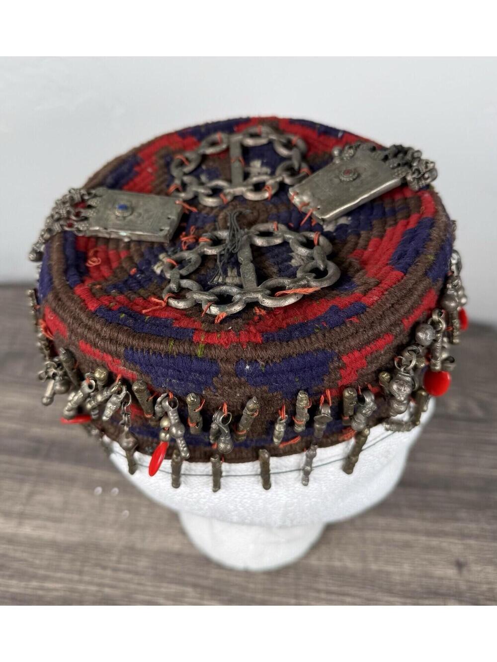 Vintage Afghan Kuchi Tribal Headdress Wool Hat Metal Dangles Ethnic Cap